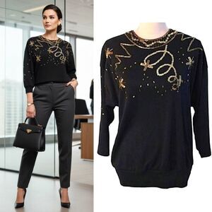 Vtg 80s Black Gold Sequin Beaded Art Deco Pullover Luxe Sweater Top Medium